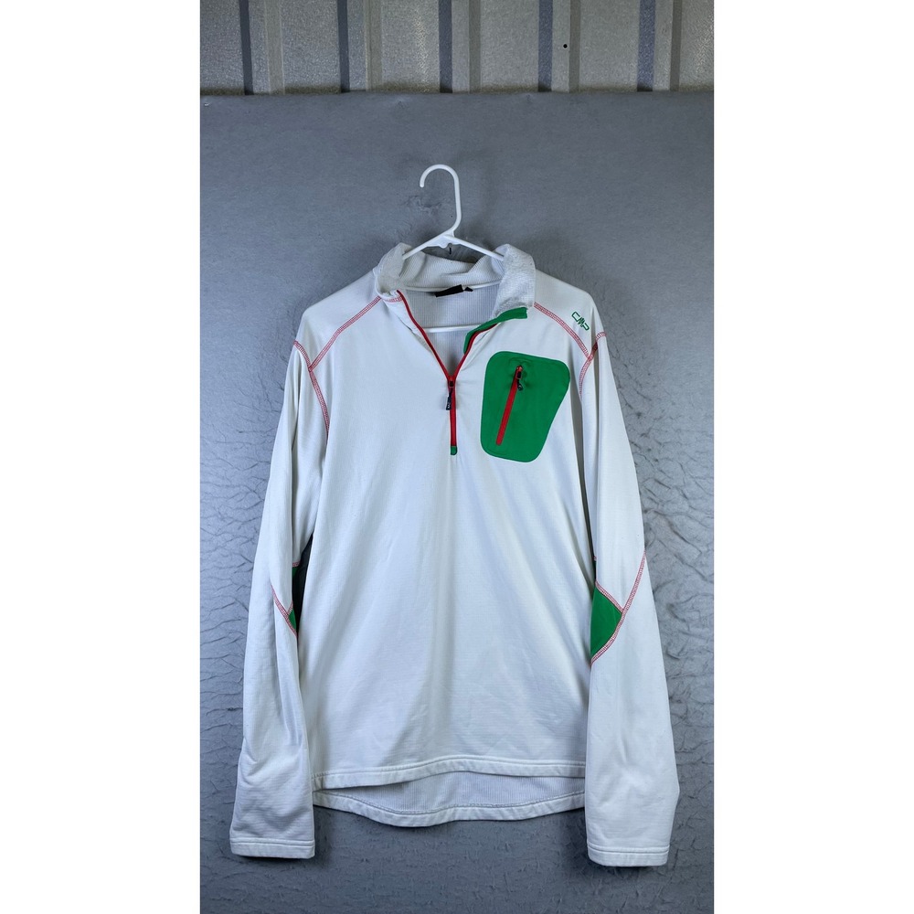 CMP Pullover Top Mens L White Excellent 1/4 Zip Waffle Knit Green Red Accents